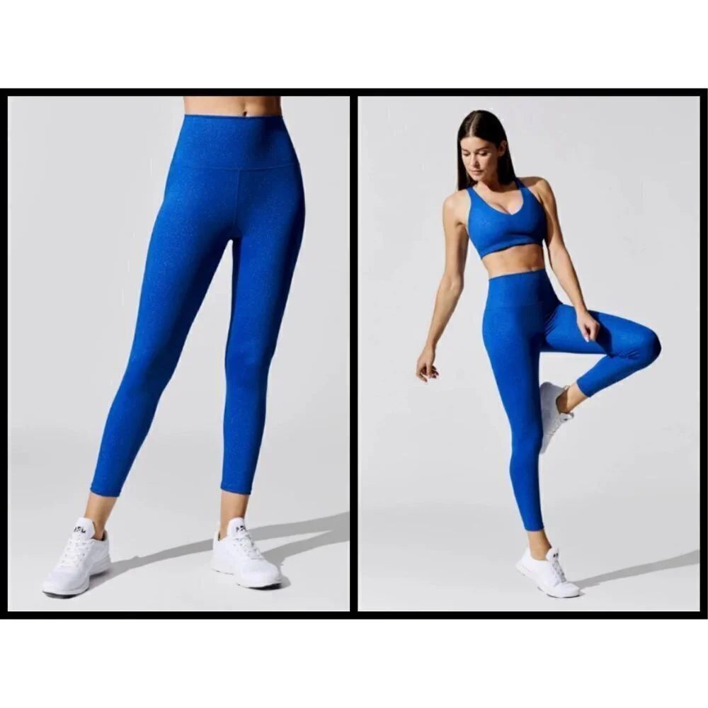 💕CARBON38💕 Shine Powder Set Cross Back Bra + 7/8 Legging Cobalt Blue Large NWT